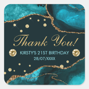 Teal & Faux Gold Glitter Agate Birthday Square Sticker