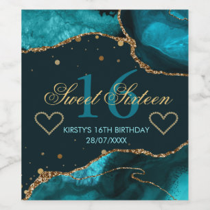 Teal & Faux Gold Glitter Agate Sweet 16 Wine Label
