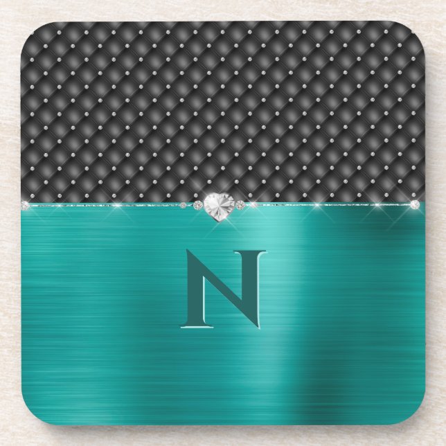 Teal Faux Metal Glam Upholstery and Monogram Coaster (Front)