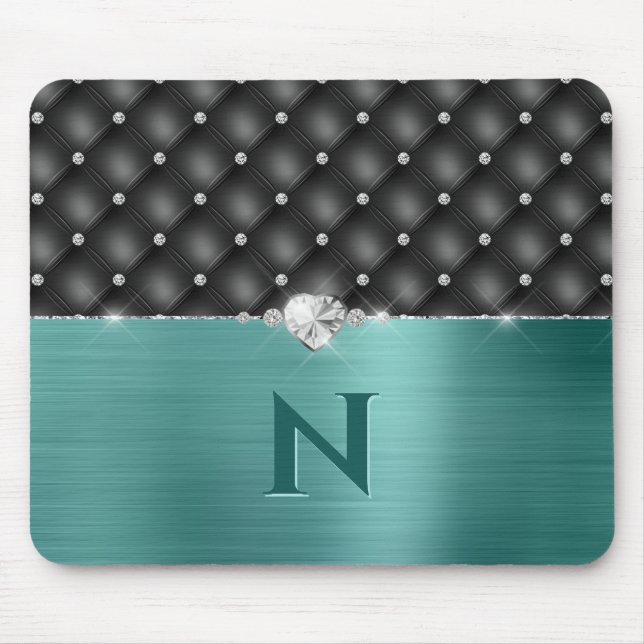 Teal Faux Metal Glam Upholstery and Monogram Mouse Mouse Pad (Front)