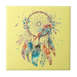 Teal Feather Yellow Watercolor Dreamcatcher Ceramic Tile