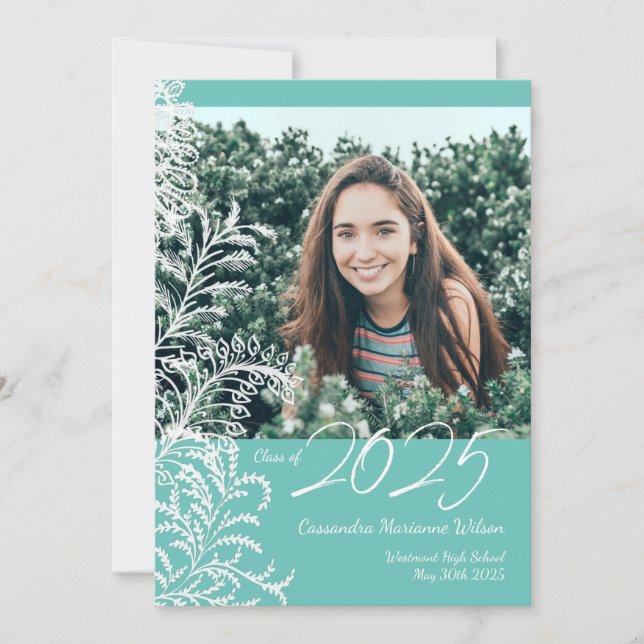 Teal Ferns Vintage Photo Graduation Announcement (Front)