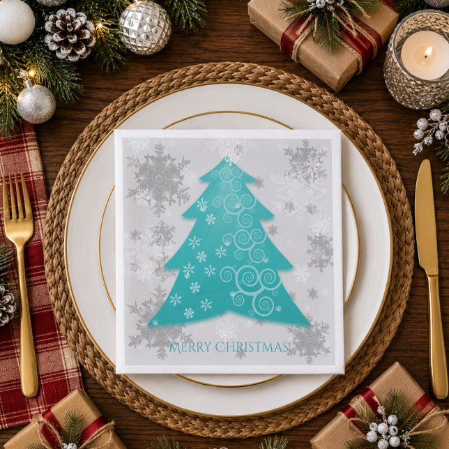 Teal Festive Christmas Tree Paper Napkin (Teal Festive Christmas Tree Paper Napkins)