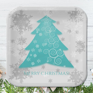 Teal Festive Christmas Tree Paper Plate