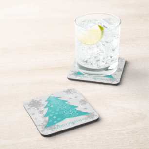 Teal Festive Christmas Tree Plastic Coaster