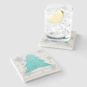 Teal Festive Christmas Tree Stone Coaster