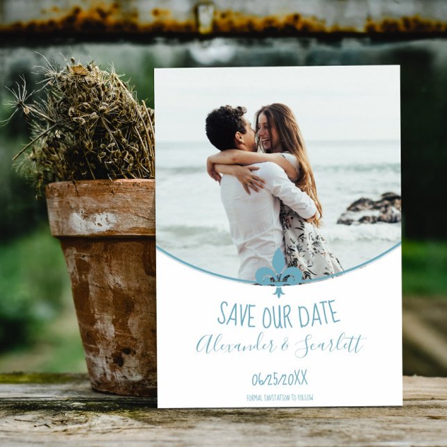 Teal Fleur de Lis Photo Save The Date Announcement (Teal Fleur de Lis Photo Save the Date)