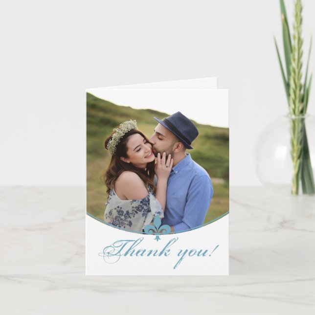Teal Fleur de Lis Photo Wedding Thank You Cards (Front)