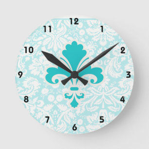 Teal Fleur de lis Round Clock