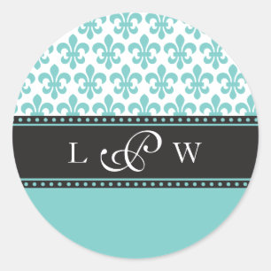 Teal Fleur de lis Wedding Monogram Sticker