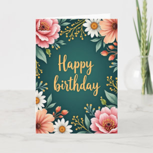 Teal Flora Birthday Card