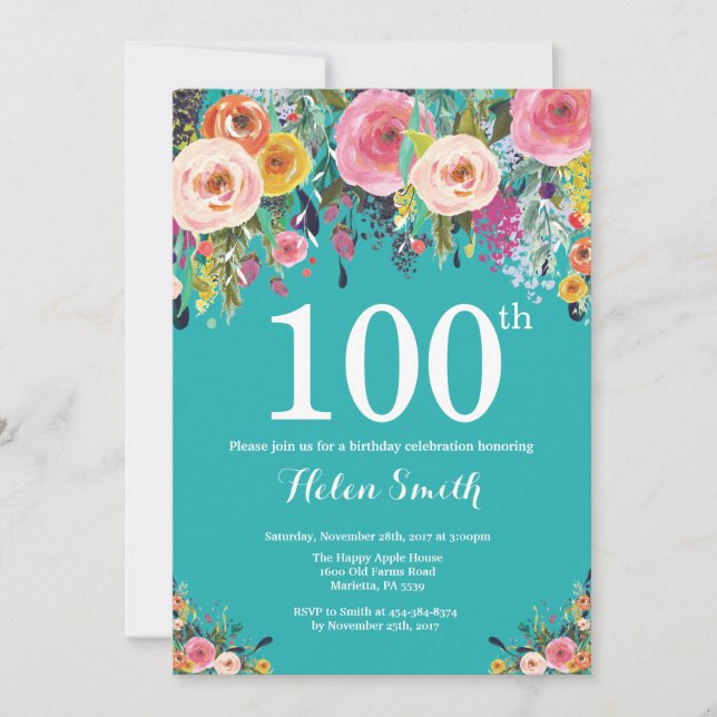 Teal Floral 100th Birthday Invitation (Front)