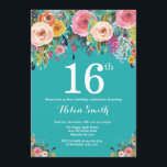 Teal Floral 16th Birthday Invitation<br><div class="desc">Teal Floral 16th Birthday Invitation for Girl. Watercolor Floral Flower. Teal Aqua Turquoise Background. Pink, Yellow, Orange, Purple Flower. Adult Birthday. 13th 15th 16th 18th 20th 21st 30th 40th 50th 60th 70th 80th 90th 100th, Any Ages. For further customisation, please click the "Customise it" button and use our design tool...</div>