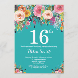Teal Floral 16th Birthday Invitation