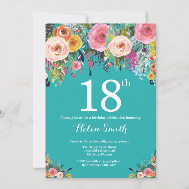 Teal Floral 18th Birthday Invitation (Front)