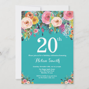 Teal Floral 20th Birthday Invitation