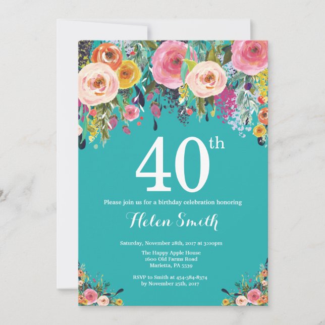 Teal Floral 40th Birthday Invitation (Front)