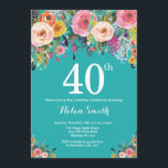 Teal Floral 40th Birthday Invitation<br><div class="desc">Teal Floral 40th Birthday Invitation for Women. Watercolor Floral Flower. Teal Aqua Turquoise Background. Pink, Yellow, Orange, Purple Flower. Adult Birthday. 13th 15th 16th 18th 20th 21st 30th 40th 50th 60th 70th 80th 90th 100th, Any Ages. For further customisation, please click the "Customise it" button and use our design tool...</div>