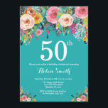 Teal Floral 50th Birthday Invitation<br><div class="desc">Teal Floral 50th Birthday Invitation for Women. Watercolor Floral Flower. Teal Aqua Turquoise Background. Pink, Yellow, Orange, Purple Flower. Adult Birthday. 13th 15th 16th 18th 20th 21st 30th 40th 50th 60th 70th 80th 90th 100th, Any Ages. For further customisation, please click the "Customise it" button and use our design tool...</div>