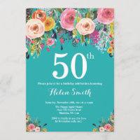 Teal Floral 50th Birthday Invitation