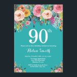Teal Floral 90th birthday Birthday Invitation<br><div class="desc">Teal Floral 90th Birthday Invitation for Women. Watercolor Floral Flower. Teal Aqua Turquoise Background. Pink, Yellow, Orange, Purple Flower. Adult Birthday. 13th 15th 16th 18th 20th 21st 30th 40th 50th 60th 70th 80th 90th 100th, Any Ages. For further customisation, please click the "Customise it" button and use our design tool...</div>