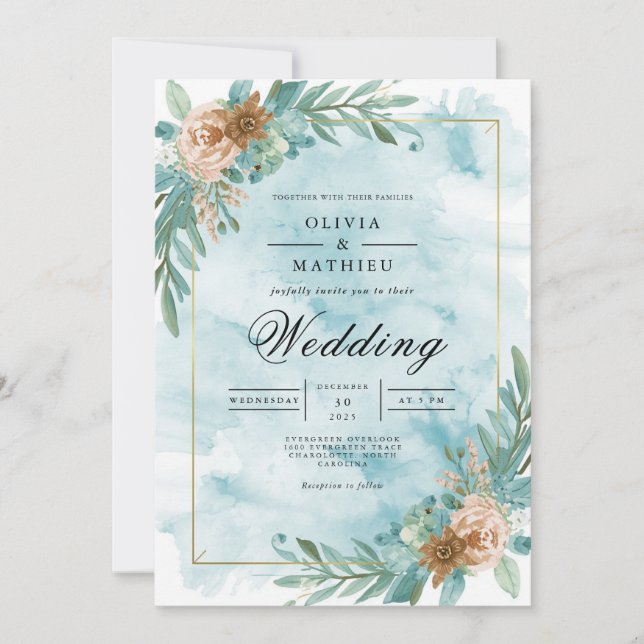 Teal Floral Accent Romantic Wedding Invitation (Front)