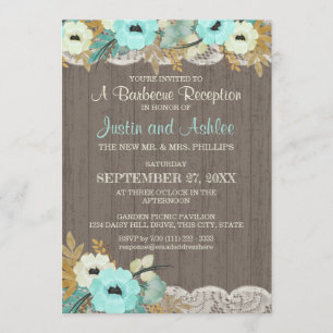 Teal Floral and Lace Rustic BBQ Wedding Reception Invitation