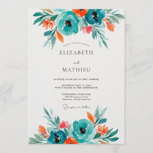 Teal Floral Artistic Bloom Wedding Invitation