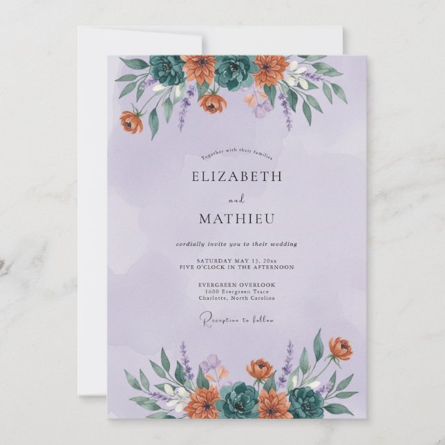 Teal Floral Artistic Wedding Invitation (Front)