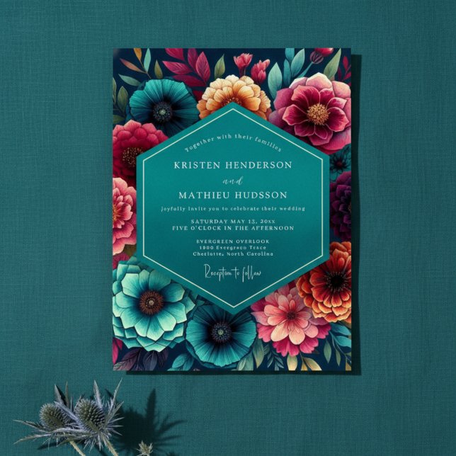 Teal Floral Autumn Wedding Invitation (Creator Uploaded)