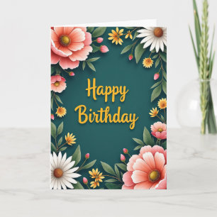 Teal Floral Birthday Wishes Card