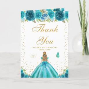Teal Floral Blonde Hair Girl Birthday Party Thank You Card