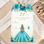 Teal Floral Blonde Hair Girl Happy Birthday Gift Tags<br><div class="desc">This elegant and glamourous happy birthday gift tag can be personalised with a name. The design features a beautiful princess with blonde hair and fair skin in a teal blue ball gown. The text combines handwritten script and modern sans serif fonts for a classy and sophisticated look. The floral arrangements,...</div>