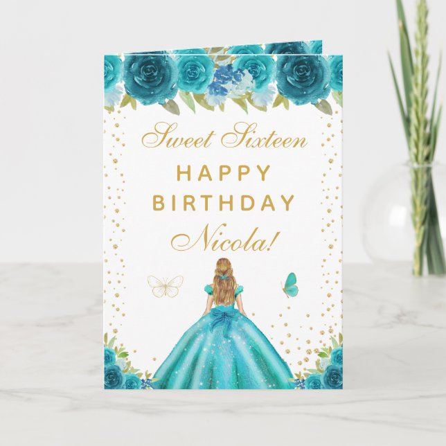 Teal Floral Blonde Hair Girl Sweet Sixteen Card (Front)