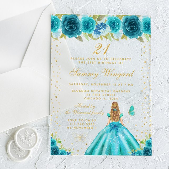 Teal Floral Blonde Hair Princess Birthday Party Acrylic Invitations (Creator Uploaded)