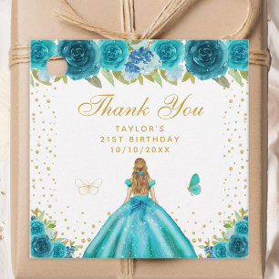 Teal Floral Blonde Hair Princess Birthday Party Favour Tags