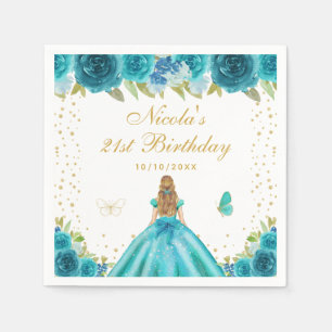 Teal Floral Blonde Hair Princess Birthday Party Napkin