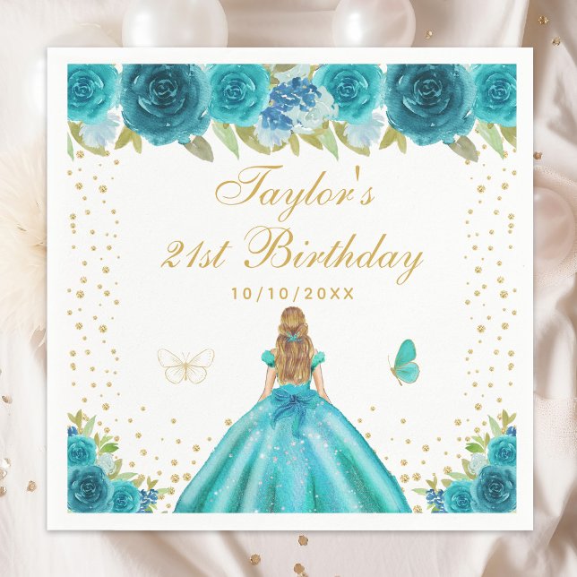 Teal Floral Blonde Hair Princess Birthday Party Napkin (Creator Uploaded)