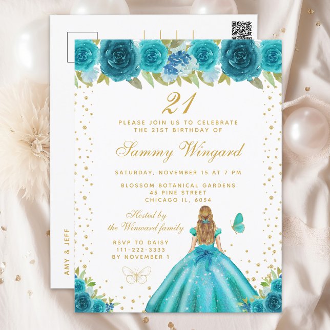 Teal Floral Blonde Hair Princess Birthday Party Postcard (Creator Uploaded)