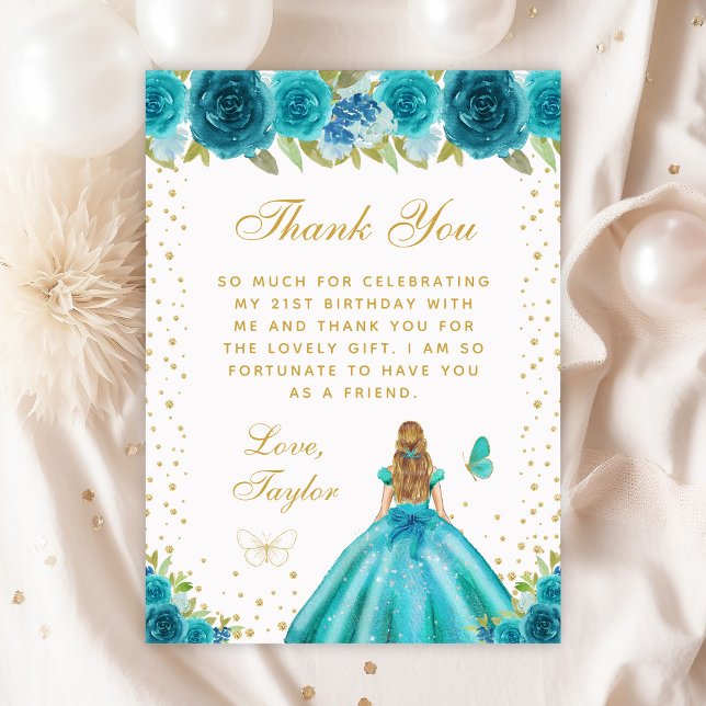 Teal Floral Blonde Hair Princess Birthday Party Thank You Card (Creator Uploaded)