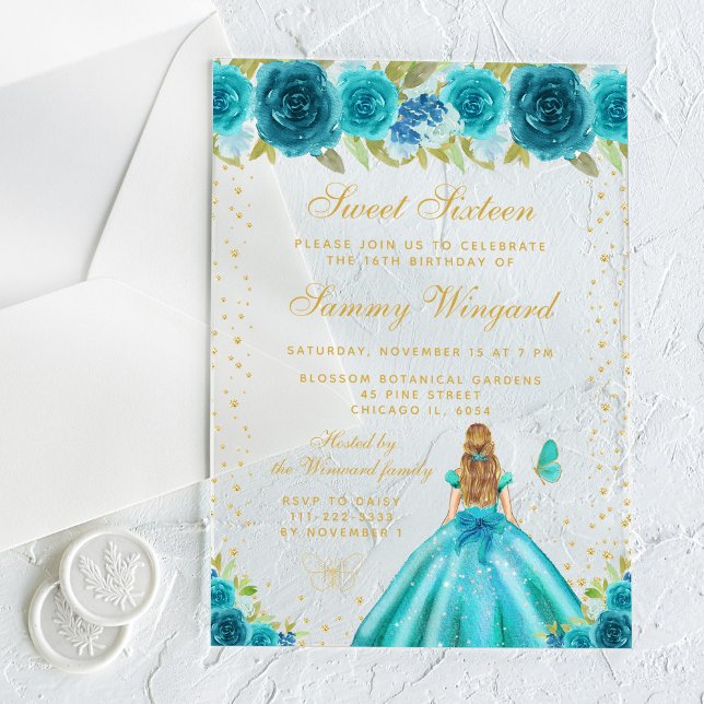 Teal Floral Blonde Hair Princess Sweet Sixteen Acrylic Invitations (Creator Uploaded)