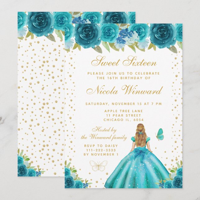 Teal Floral Blonde Hair Princess Sweet Sixteen Invitation (Front/Back)