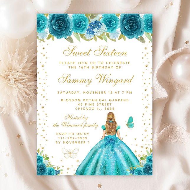 Teal Floral Blonde Hair Princess Sweet Sixteen Invitation (Creator Uploaded)