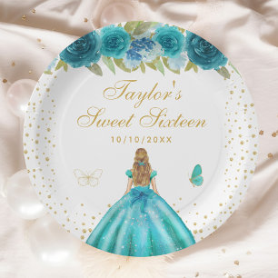 Teal Floral Blonde Hair Princess Sweet Sixteen Paper Plate