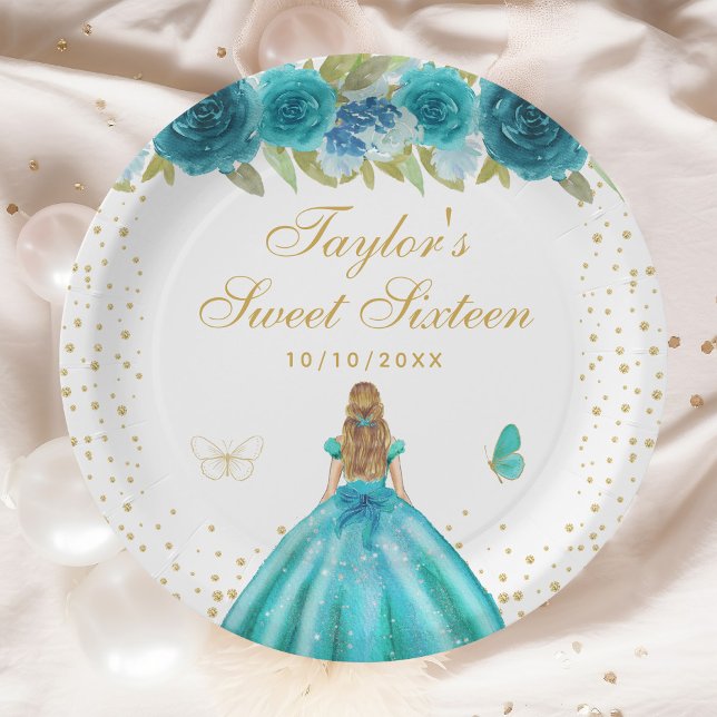 Teal Floral Blonde Hair Princess Sweet Sixteen Paper Plate (Creator Uploaded)