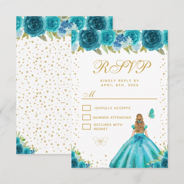 Teal Floral Blonde Hair Princess Sweet Sixteen RSVP Card (Front/Back)
