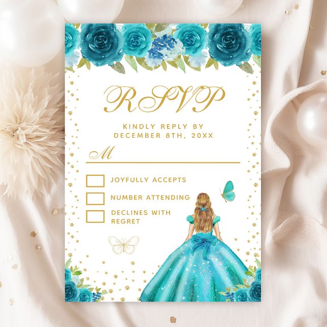 Teal Floral Blonde Hair Princess Sweet Sixteen RSVP Card (Creator Uploaded)