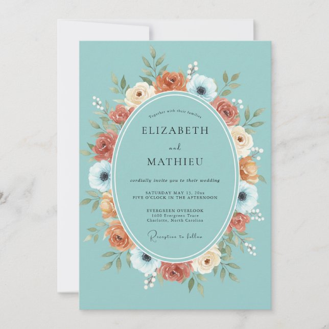 Teal Floral Bloom Wedding Invitation (Front)