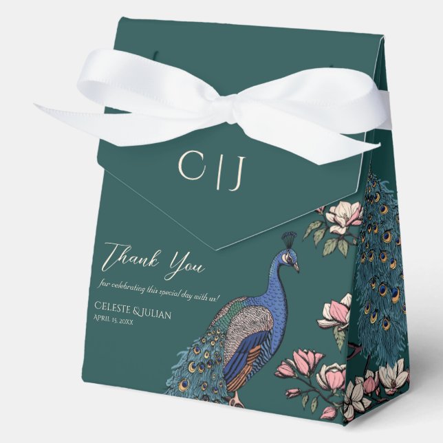 Teal Floral Blue Peacocks & Magnolia Flowers Favour Box (Front)