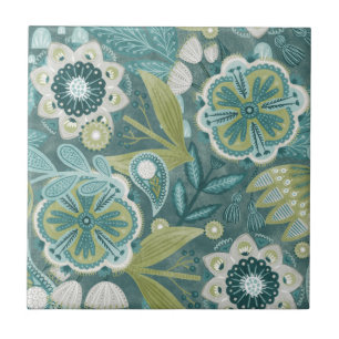 Teal Floral Boho Botanical Pattern Ceramic Tile